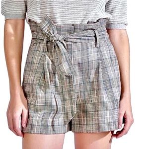 Veronica Beard Baga Check Wool Blend High Rise Paperbag Shorts
